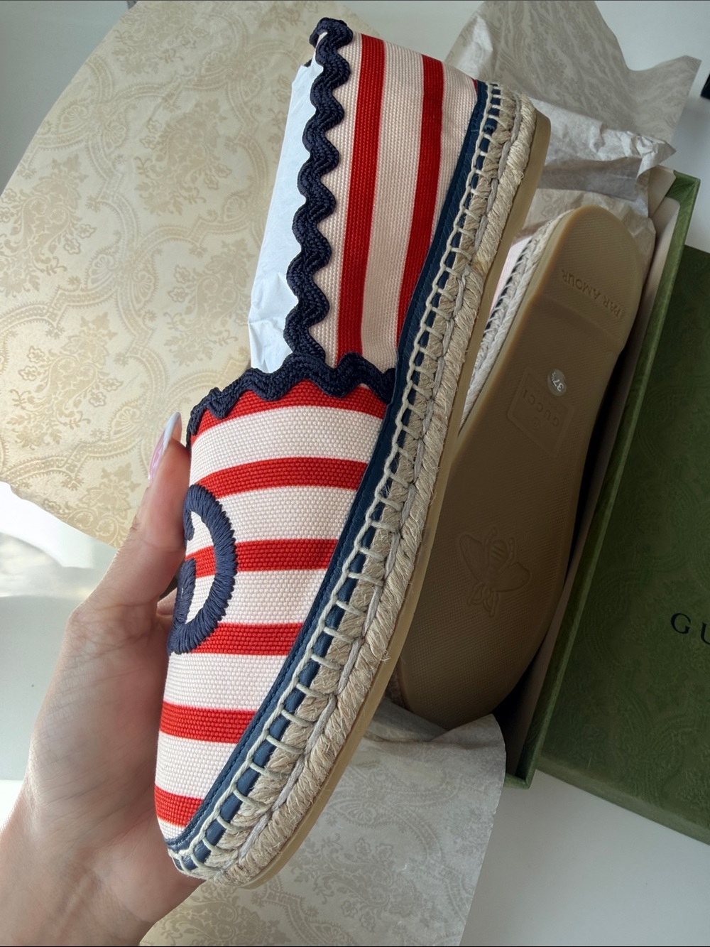 Gucci Red, White & Navy Striped Espadrilles with Navy GG - Picture 3 of 3